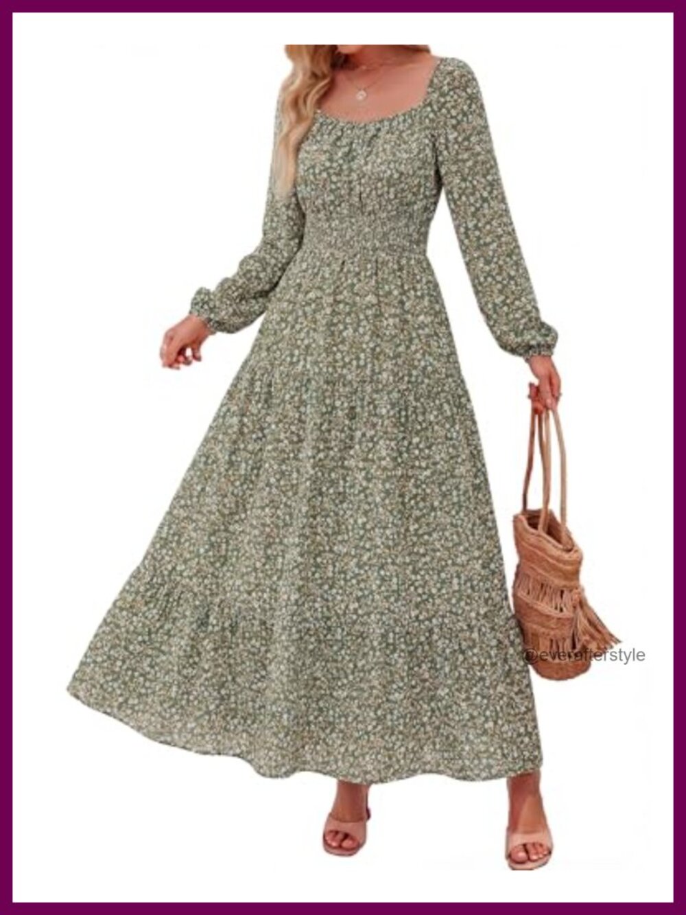 Women Long Sleeve Maxi Dress Square Neck Flowy A-Line Tiered Boho